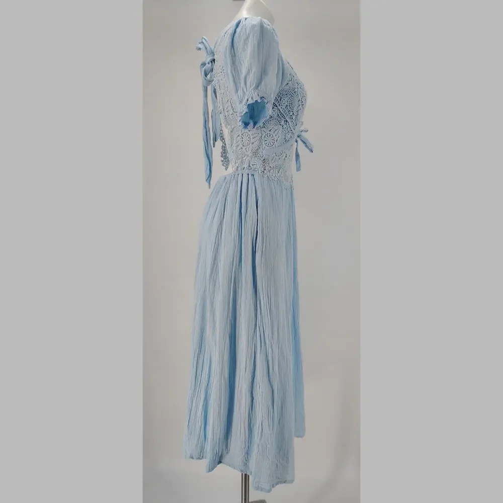 Free People All You Need Is Lace Midi Dress Blue Lace Cottagecore Size Small